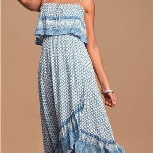Lulus Moment of Reflection Blue and White Print High-Low Maxi Dress Small